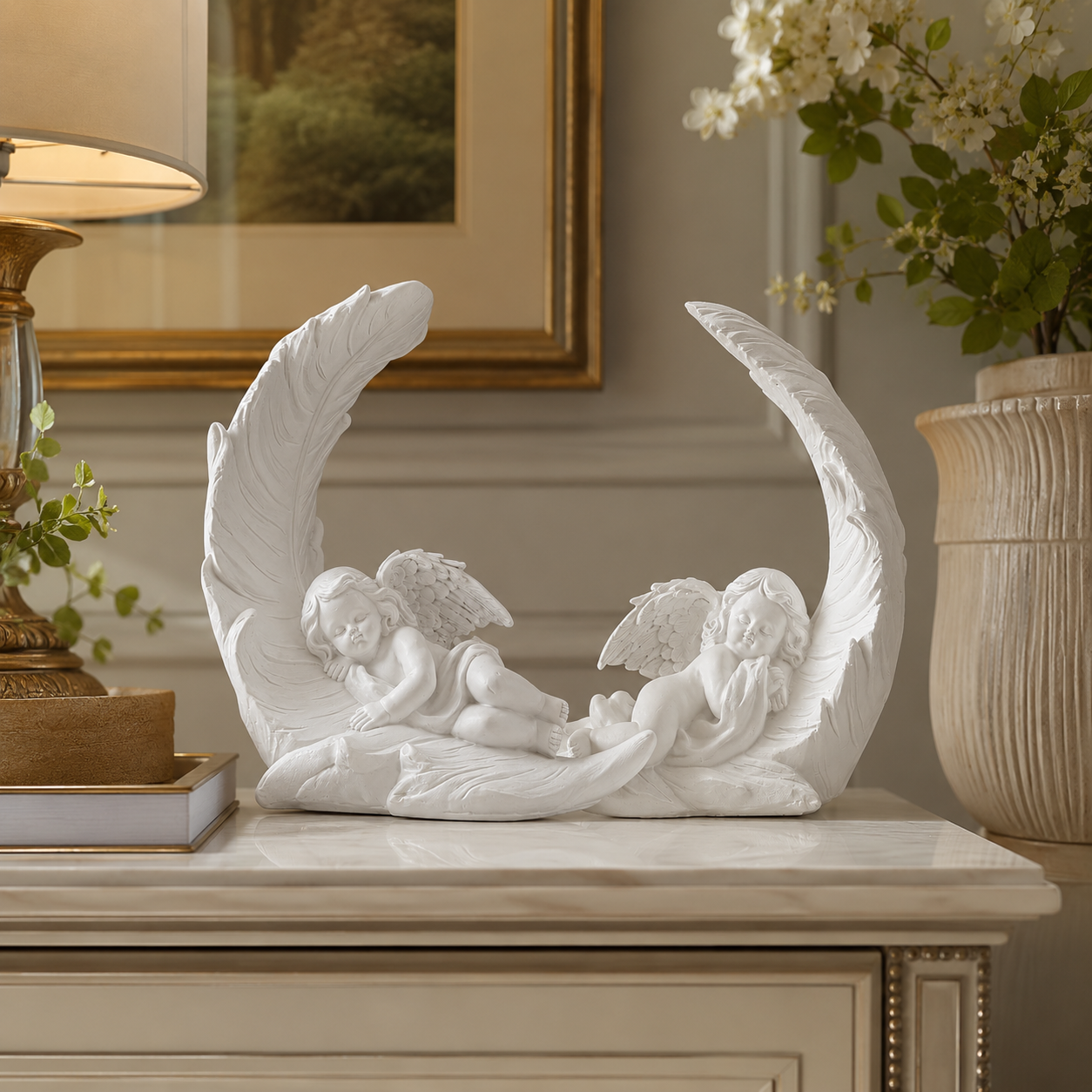 Elegant Angel Feather Statue Set – Resin Cherub Figurines