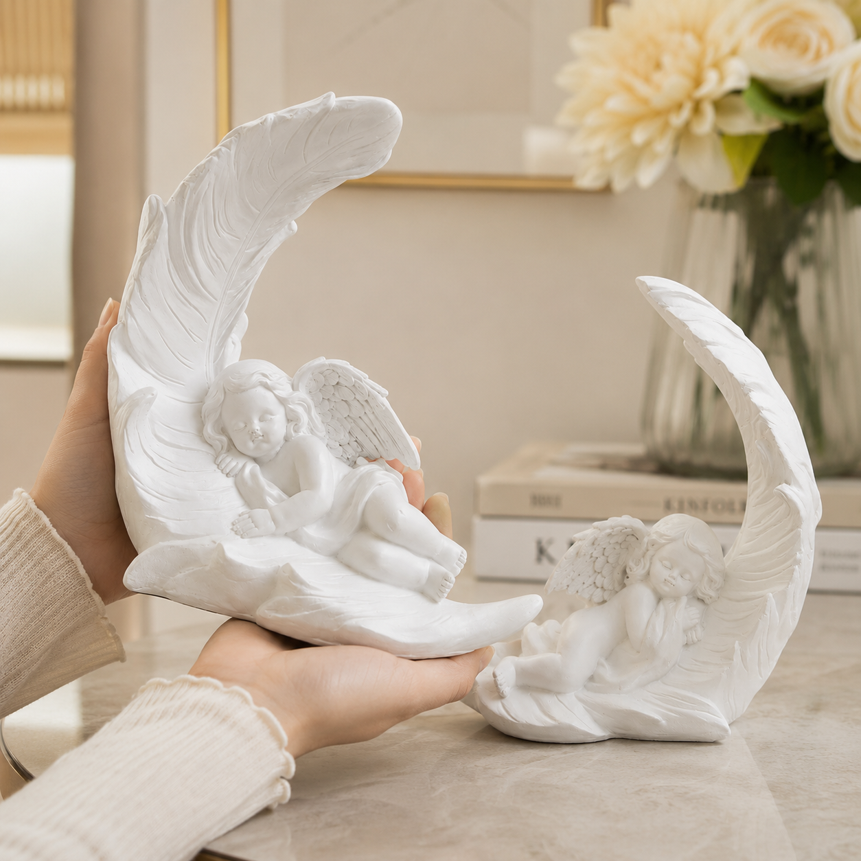 Elegant Angel Feather Statue Set – Resin Cherub Figurines