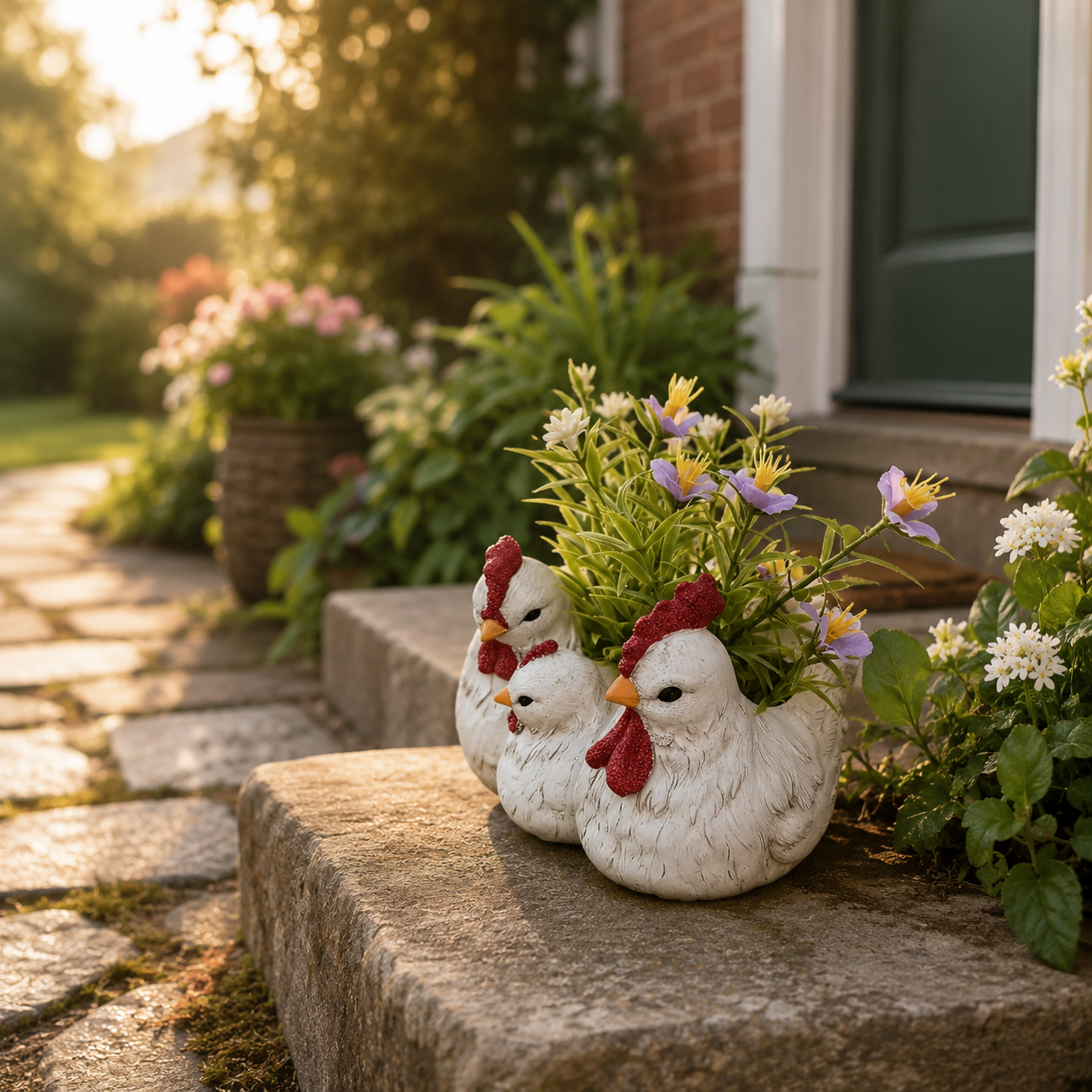 Charming Chicken Family Flower Pot – Resin Decorative Planter for Home & Garden