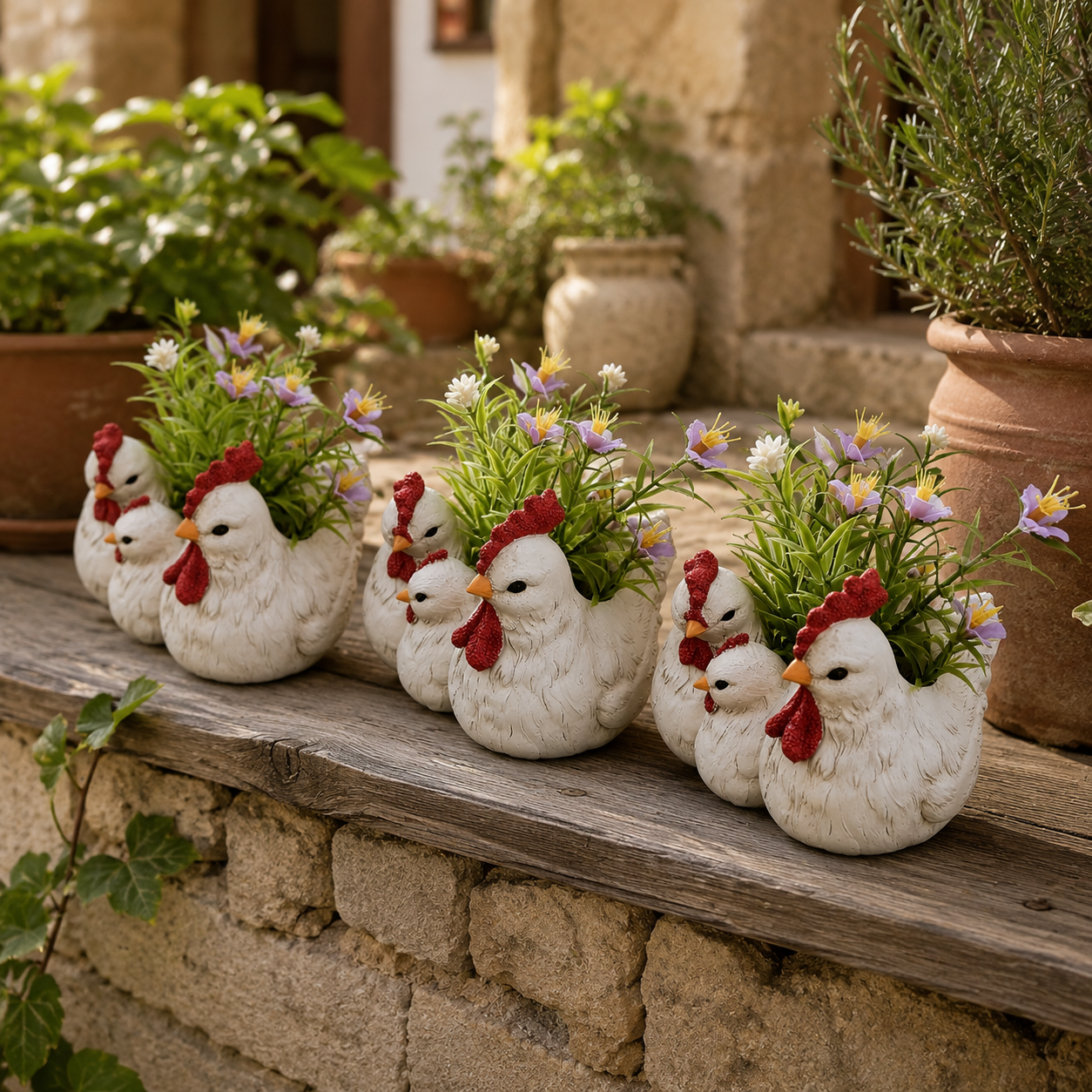 Charming Chicken Family Flower Pot – Resin Decorative Planter for Home & Garden