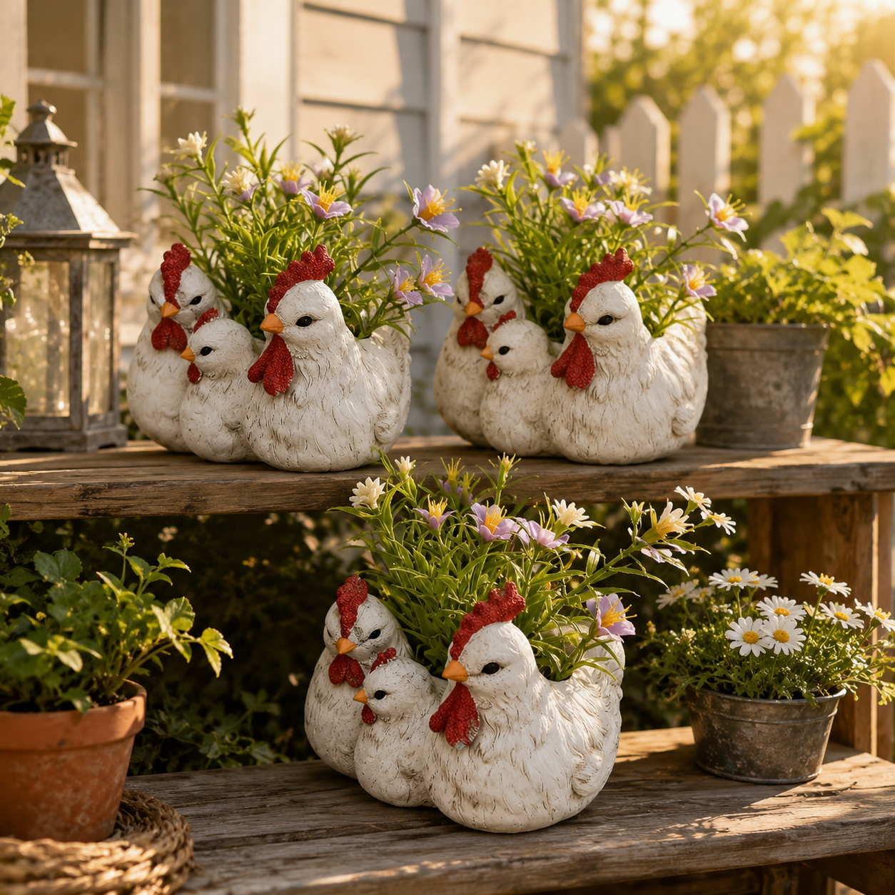 Charming Chicken Family Flower Pot – Resin Decorative Planter for Home & Garden