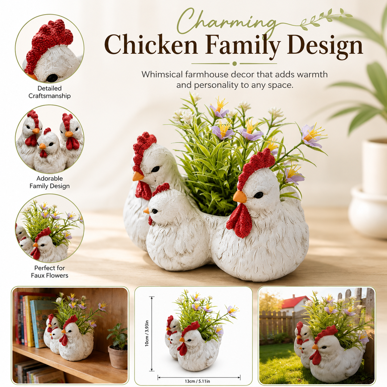 Charming Chicken Family Flower Pot – Resin Decorative Planter for Home & Garden