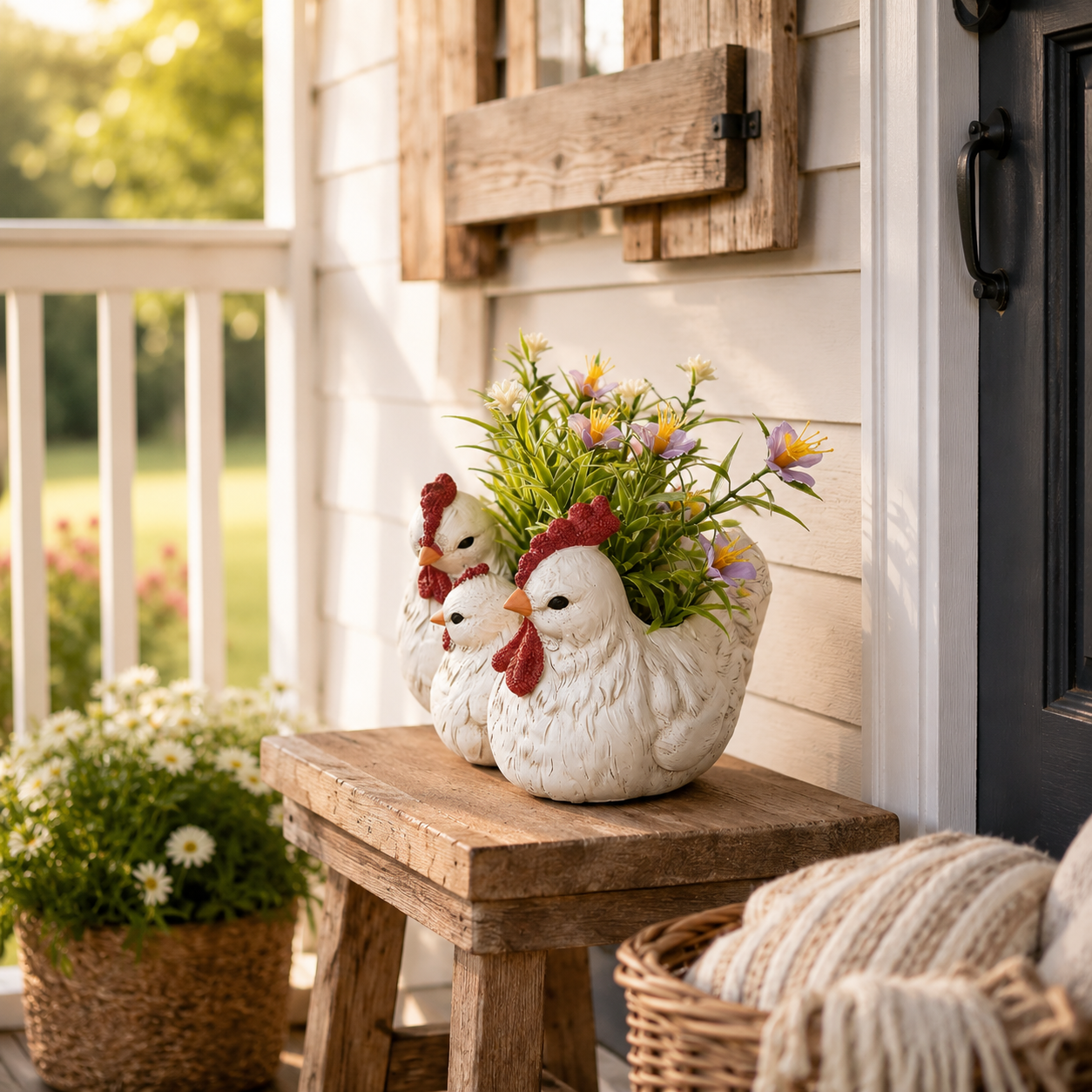 Charming Chicken Family Flower Pot – Resin Decorative Planter for Home & Garden