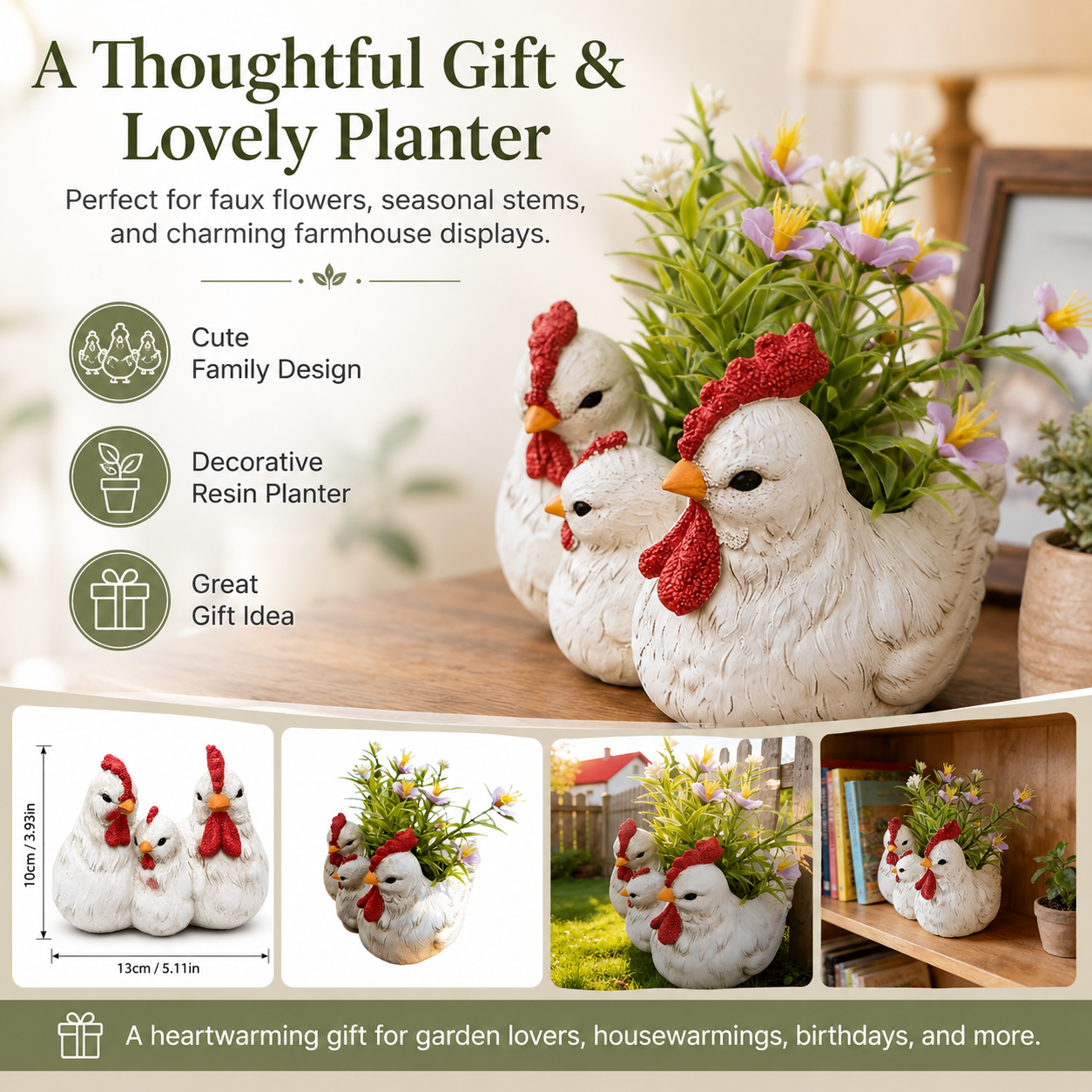 Charming Chicken Family Flower Pot – Resin Decorative Planter for Home & Garden