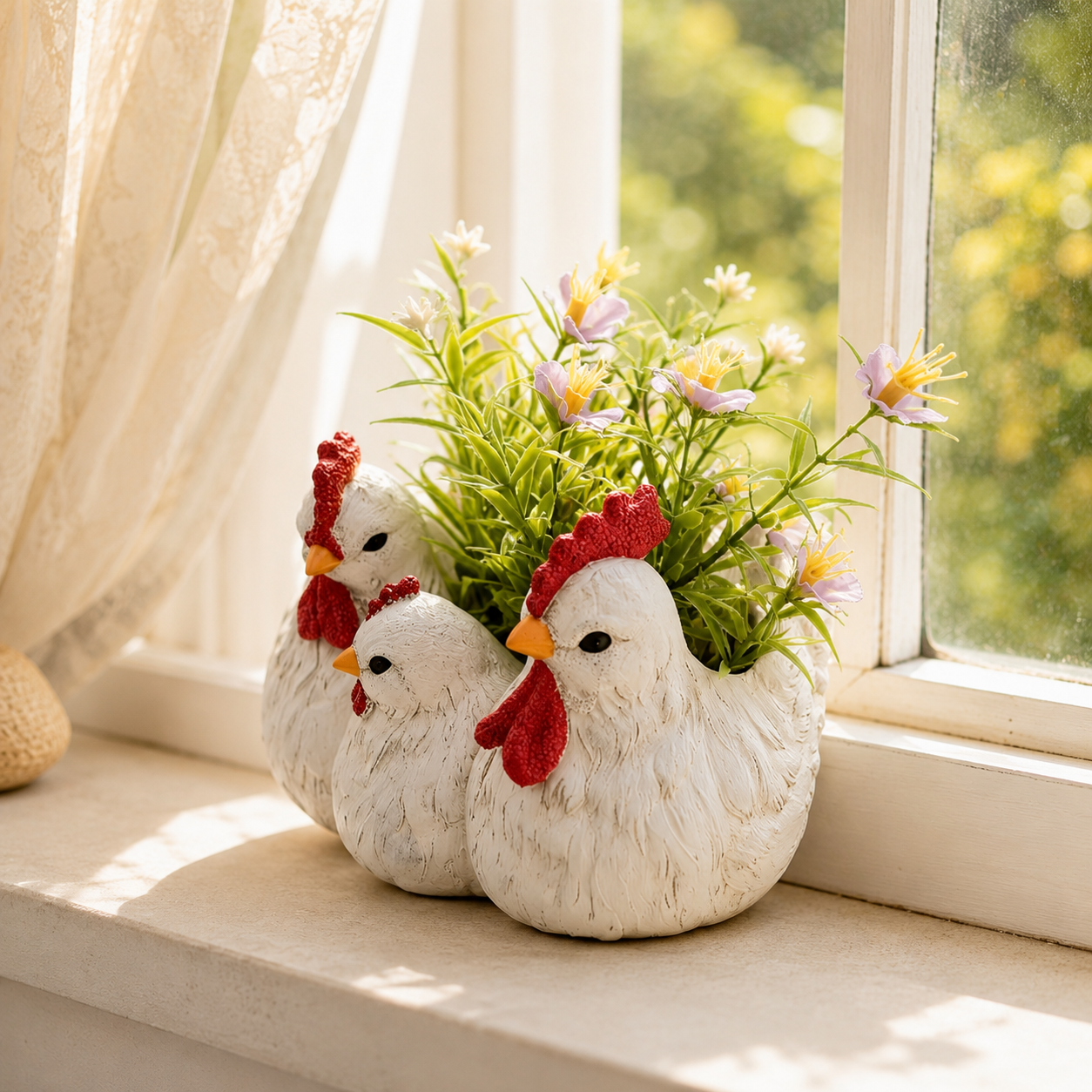 Charming Chicken Family Flower Pot – Resin Decorative Planter for Home & Garden