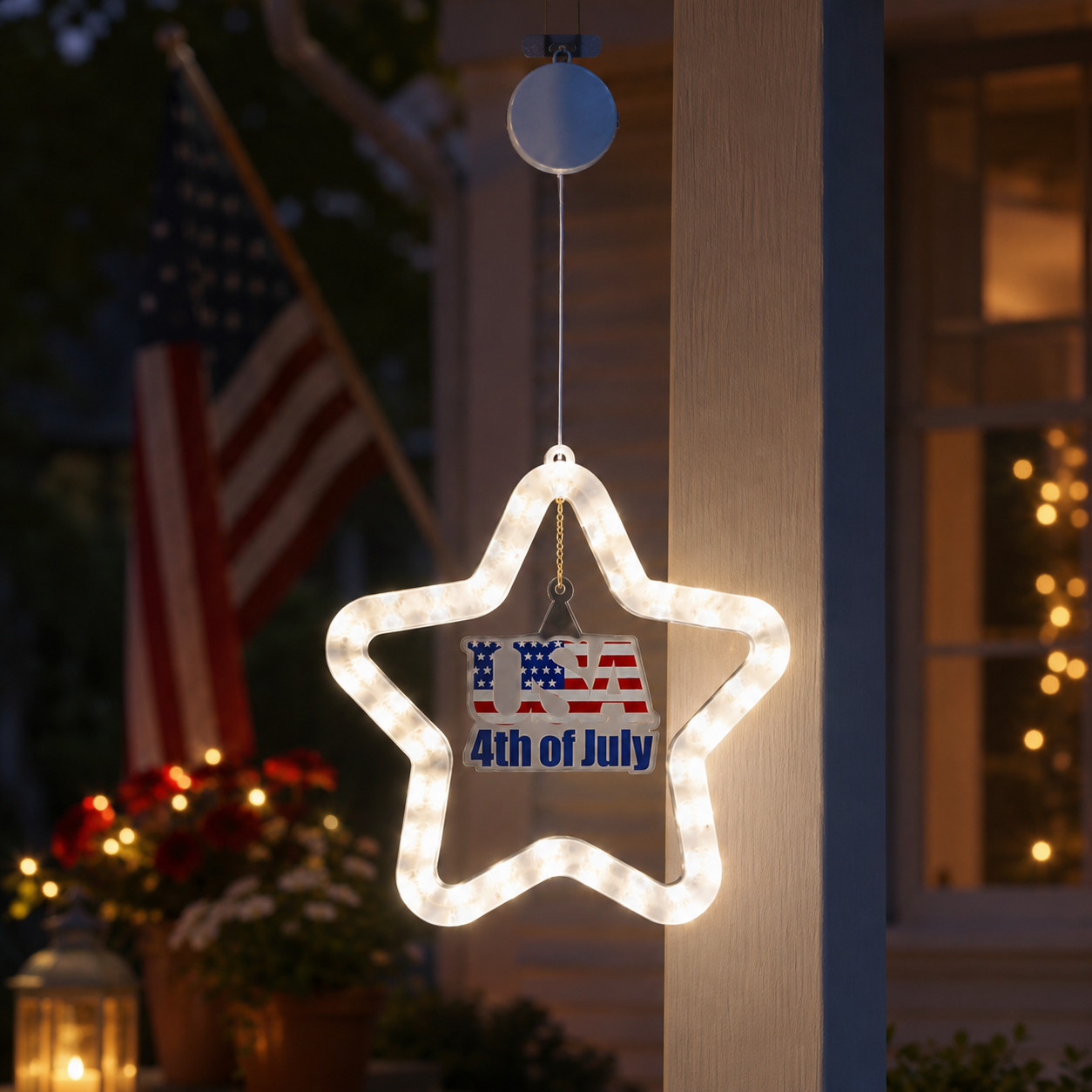 4th of July Star LED Hanging Decoration – Battery Powered, Red, White, and Blue Lights