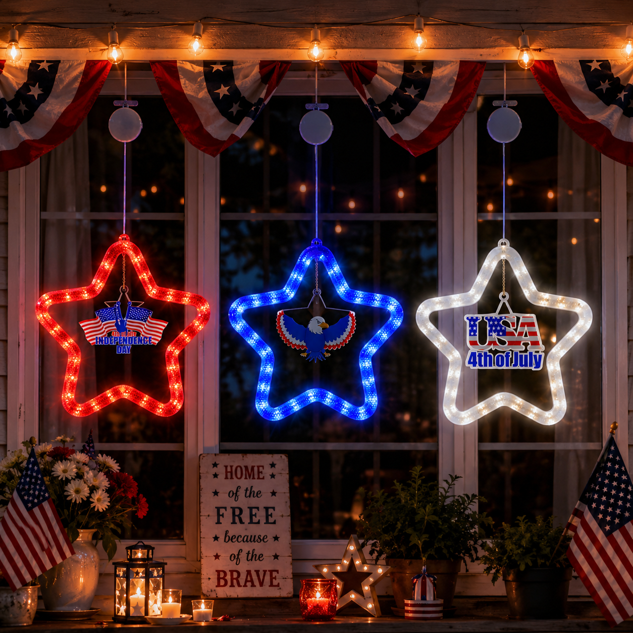 4th of July Star LED Hanging Decoration – Battery Powered, Red, White, and Blue Lights
