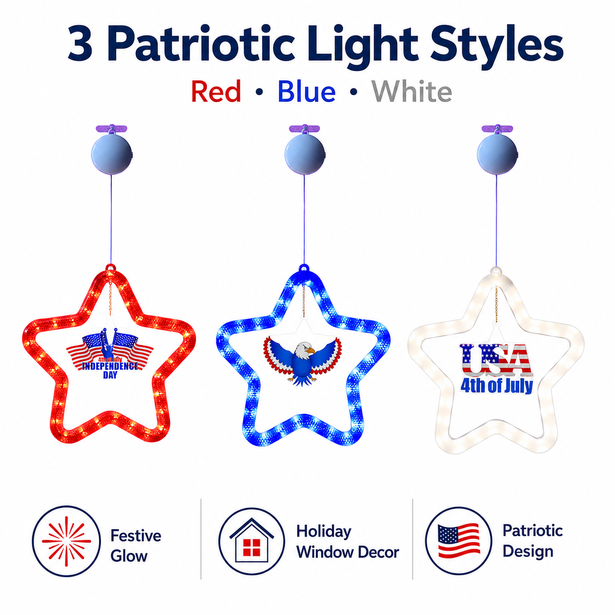 4th of July Star LED Hanging Decoration – Battery Powered, Red, White, and Blue Lights