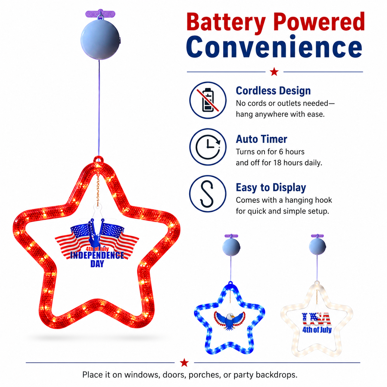 4th of July Star LED Hanging Decoration – Battery Powered, Red, White, and Blue Lights