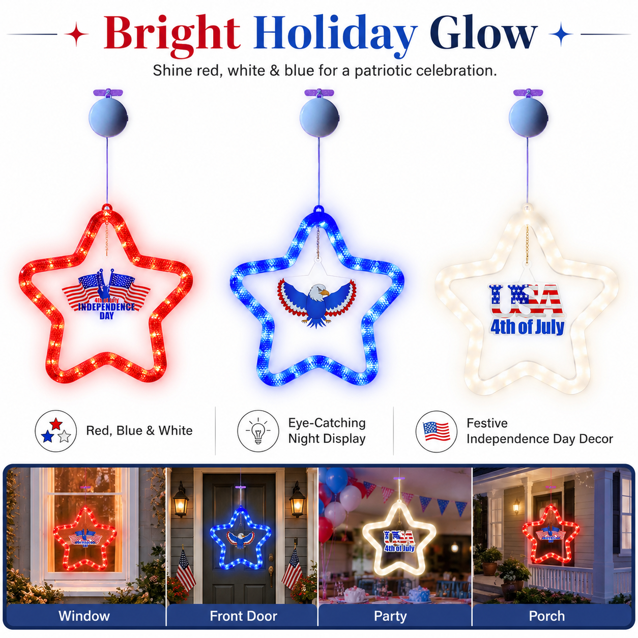 4th of July Star LED Hanging Decoration – Battery Powered, Red, White, and Blue Lights