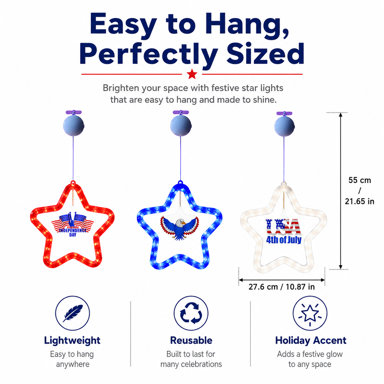 4th of July Star LED Hanging Decoration – Battery Powered, Red, White, and Blue Lights