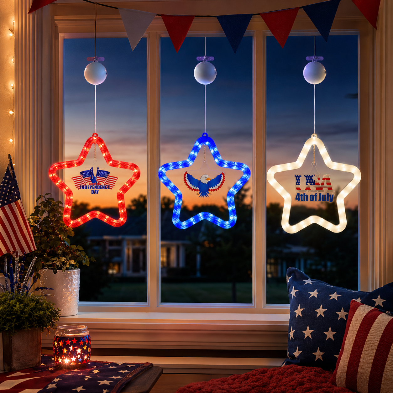 4th of July Star LED Hanging Decoration – Battery Powered, Red, White, and Blue Lights