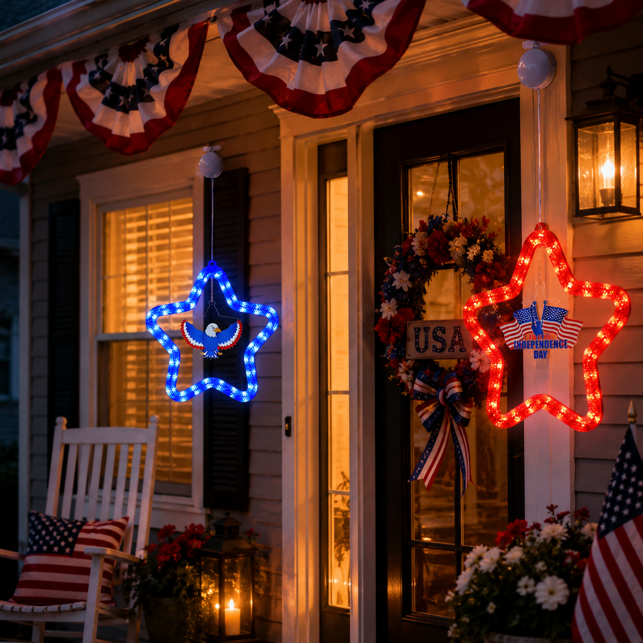 4th of July Star LED Hanging Decoration – Battery Powered, Red, White, and Blue Lights