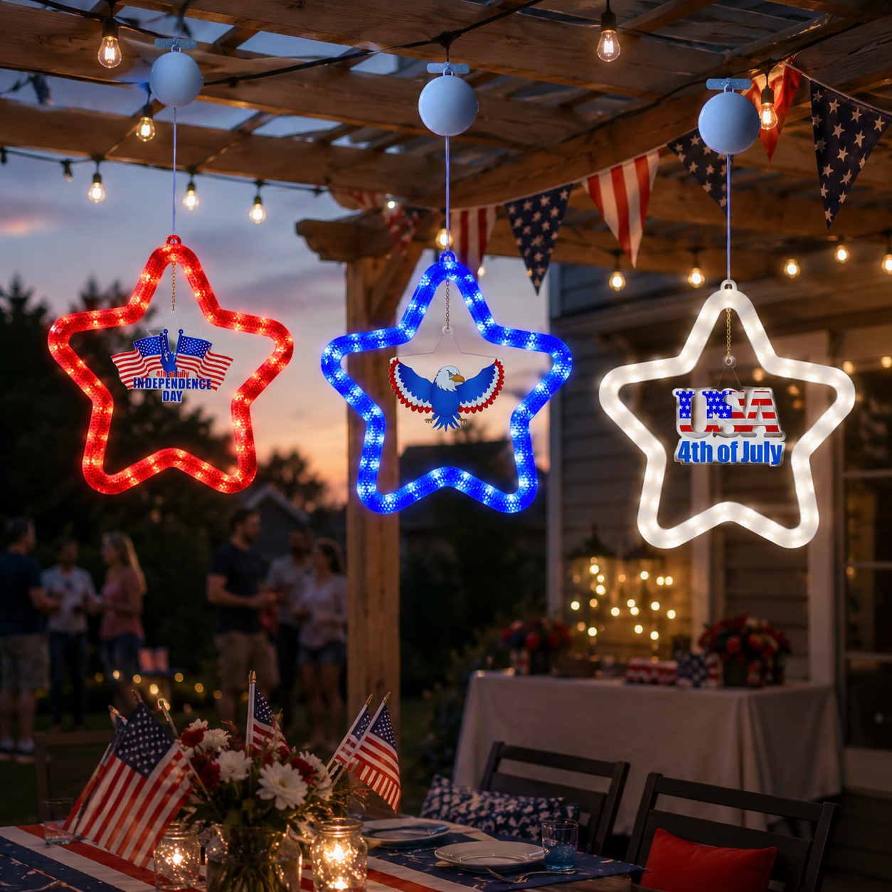 4th of July Star LED Hanging Decoration – Battery Powered, Red, White, and Blue Lights