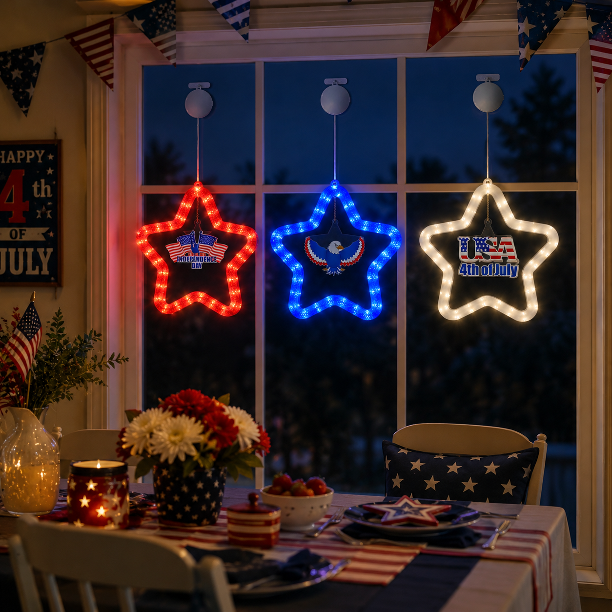 4th of July Star LED Hanging Decoration – Battery Powered, Red, White, and Blue Lights