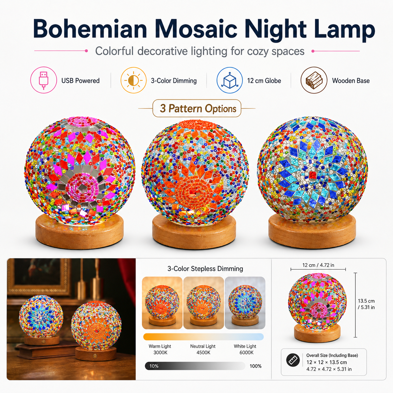 Bohemian Mosaic Table Lamp – Colorful Glass Globe LED Night Light with Wooden Base USB Powered
