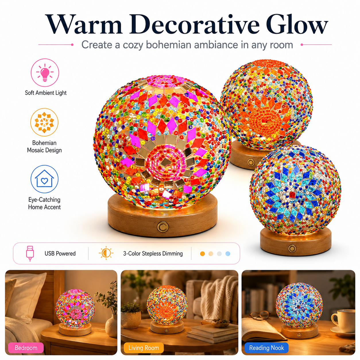 Bohemian Mosaic Table Lamp – Colorful Glass Globe LED Night Light with Wooden Base USB Powered