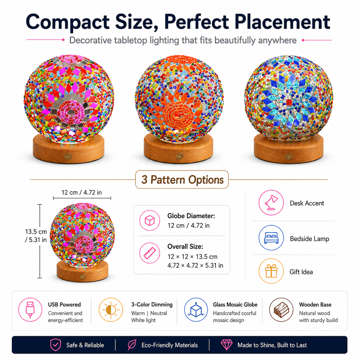 Bohemian Mosaic Table Lamp – Colorful Glass Globe LED Night Light with Wooden Base USB Powered