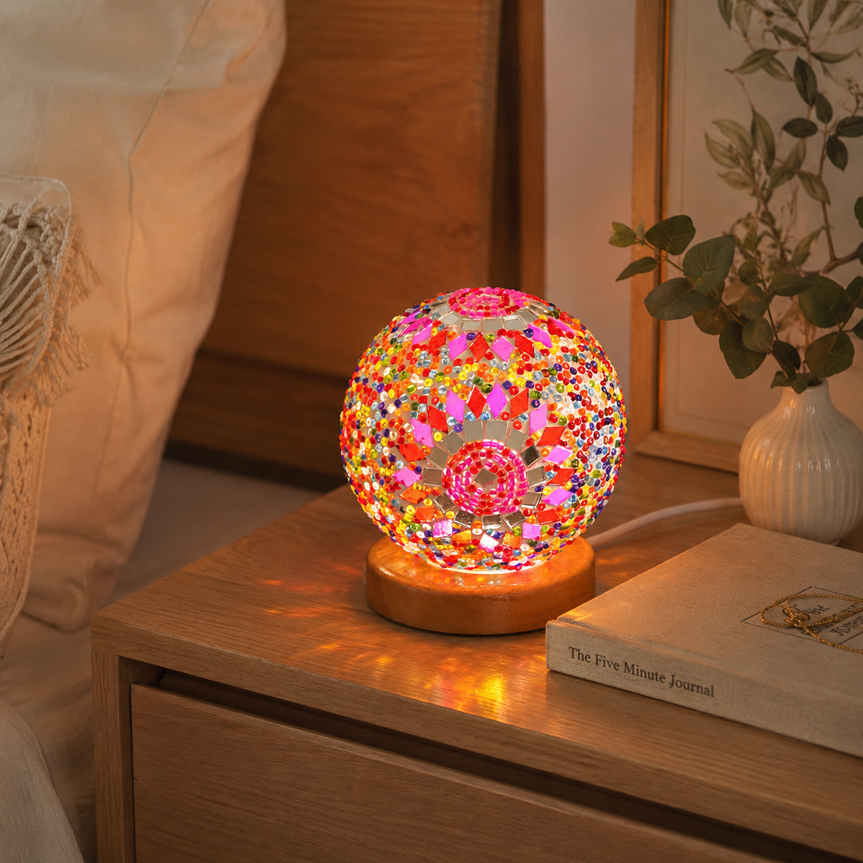 Bohemian Mosaic Table Lamp – Colorful Glass Globe LED Night Light with Wooden Base USB Powered