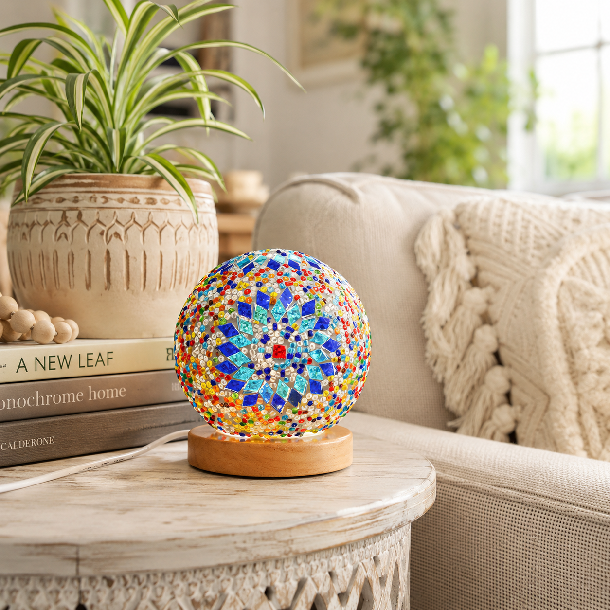 Bohemian Mosaic Table Lamp – Colorful Glass Globe LED Night Light with Wooden Base USB Powered