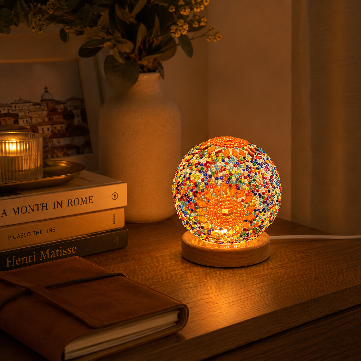 Bohemian Mosaic Table Lamp – Colorful Glass Globe LED Night Light with Wooden Base USB Powered