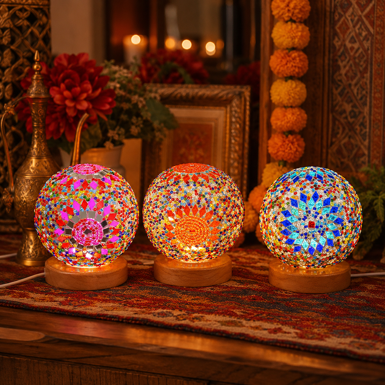 Bohemian Mosaic Table Lamp – Colorful Glass Globe LED Night Light with Wooden Base USB Powered