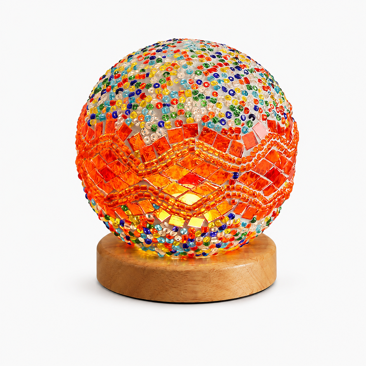 Bohemian Mosaic Table Lamp – Colorful Glass Globe LED Night Light with Wooden Base USB Powered