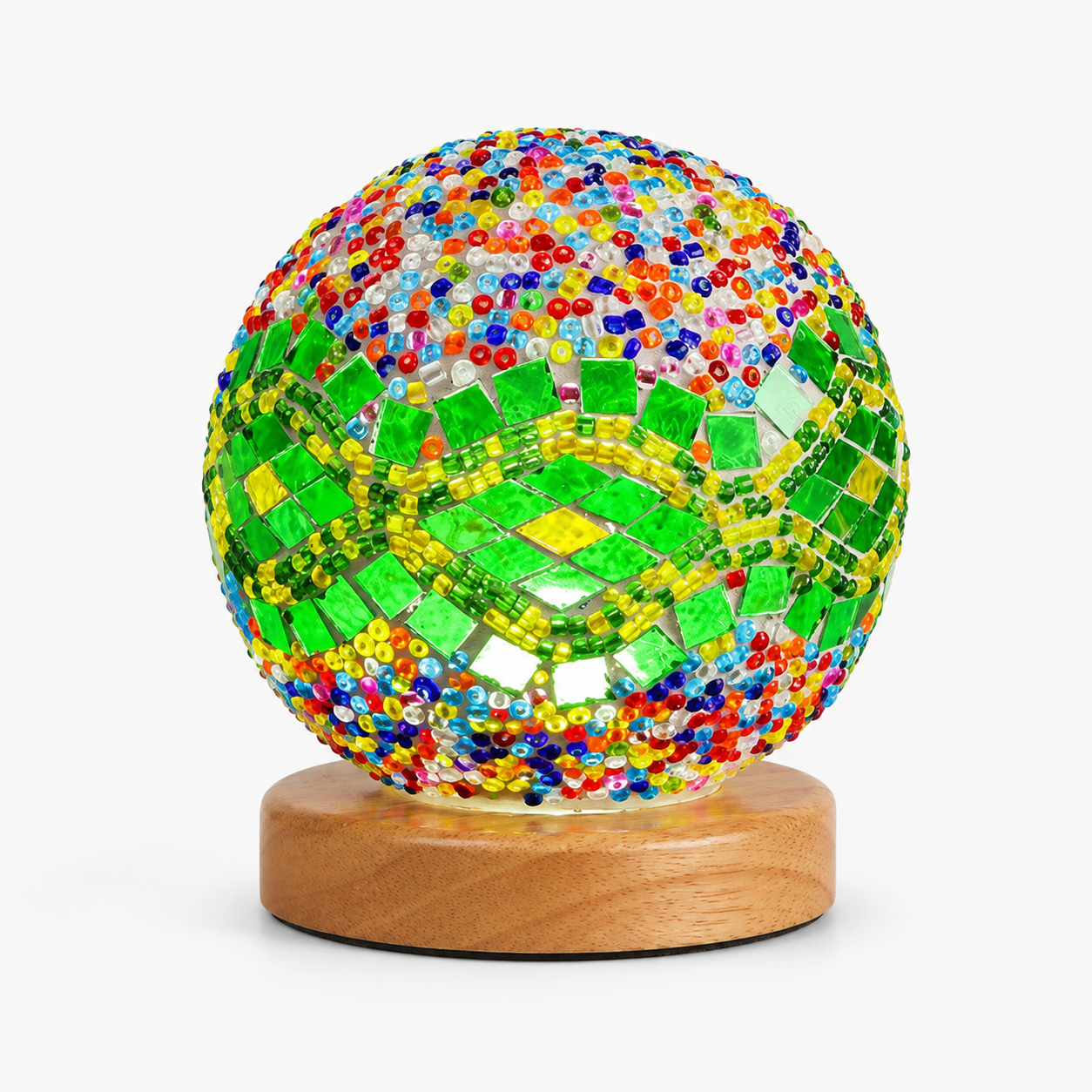 Bohemian Mosaic Table Lamp – Colorful Glass Globe LED Night Light with Wooden Base USB Powered