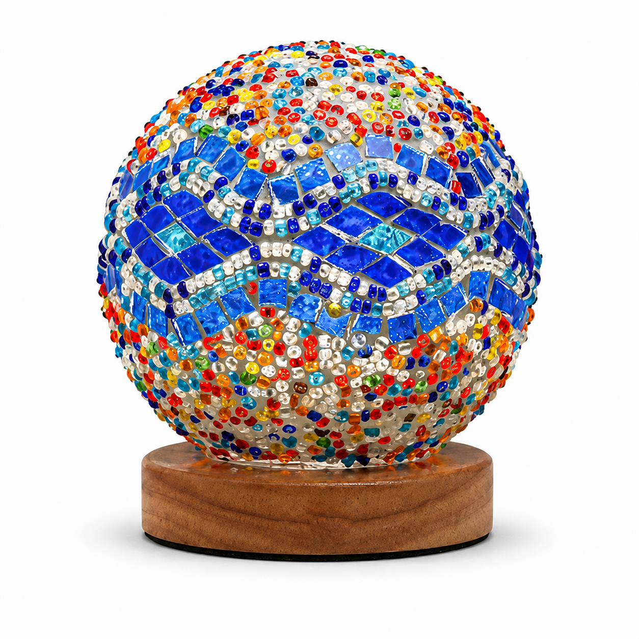 Bohemian Mosaic Table Lamp – Colorful Glass Globe LED Night Light with Wooden Base USB Powered