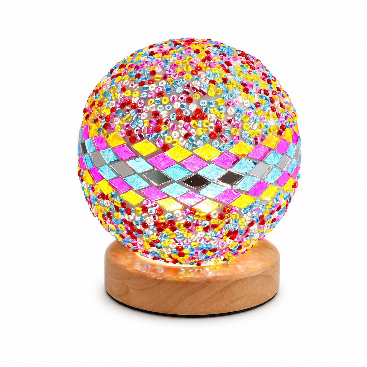 Bohemian Mosaic Table Lamp – Colorful Glass Globe LED Night Light with Wooden Base USB Powered