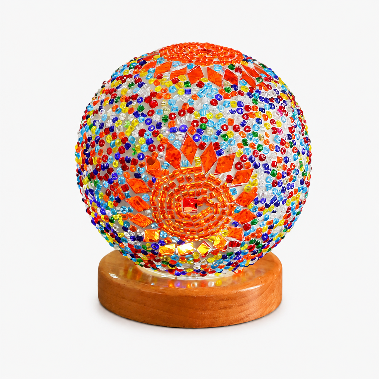 Bohemian Mosaic Table Lamp – Colorful Glass Globe LED Night Light with Wooden Base USB Powered