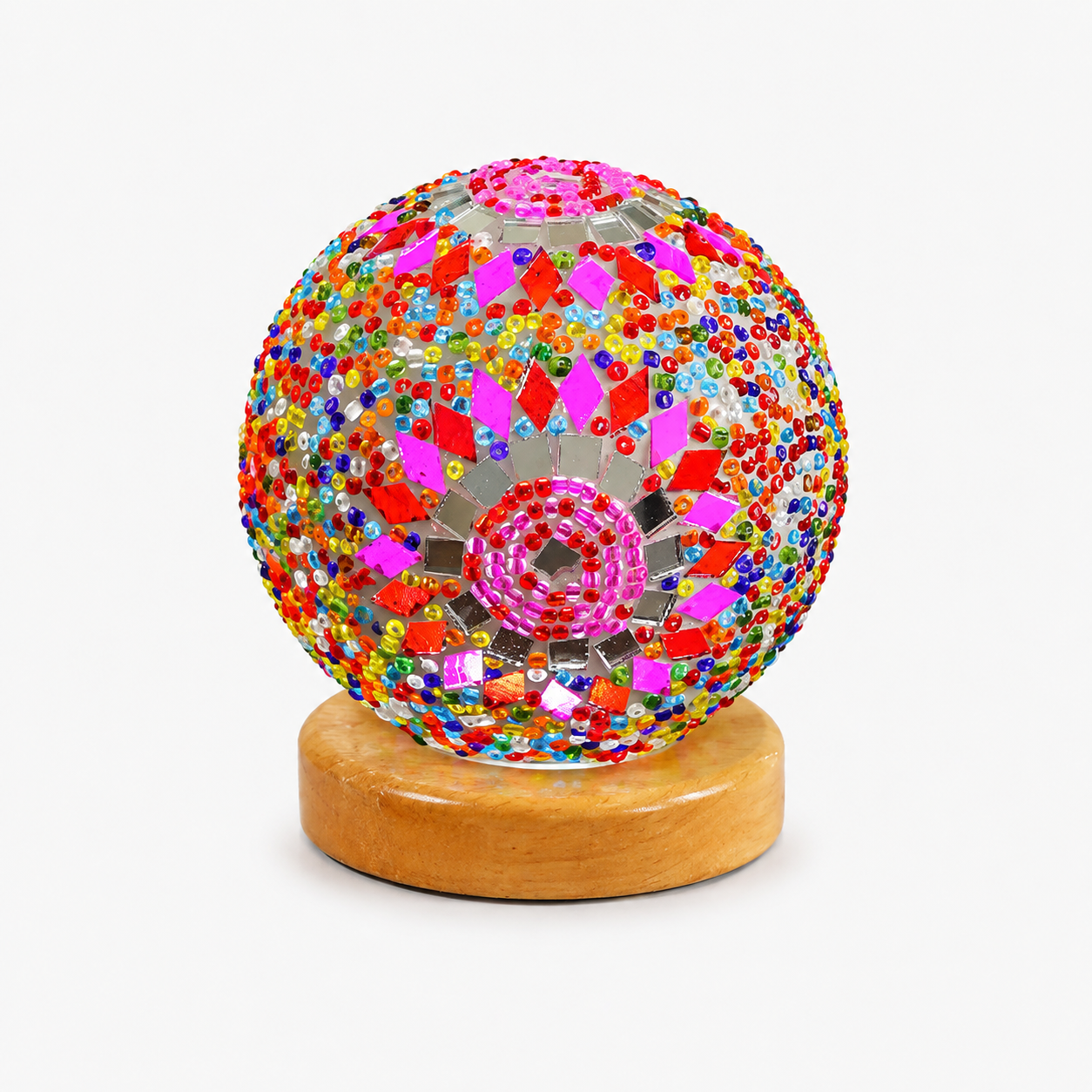 Bohemian Mosaic Table Lamp – Colorful Glass Globe LED Night Light with Wooden Base USB Powered