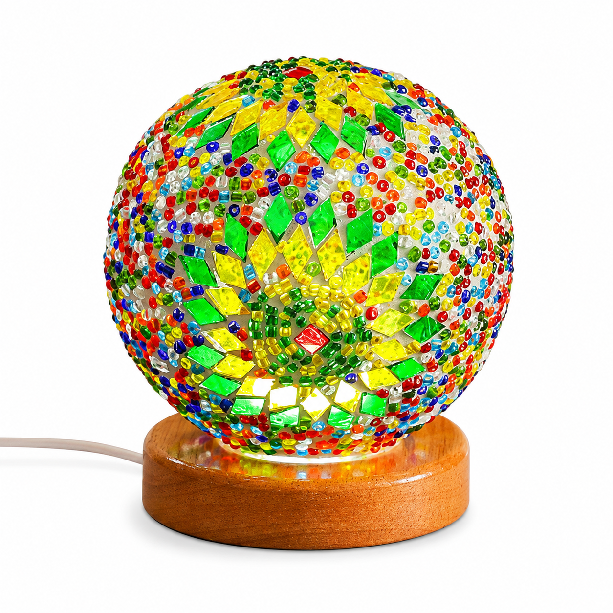 Bohemian Mosaic Table Lamp – Colorful Glass Globe LED Night Light with Wooden Base USB Powered