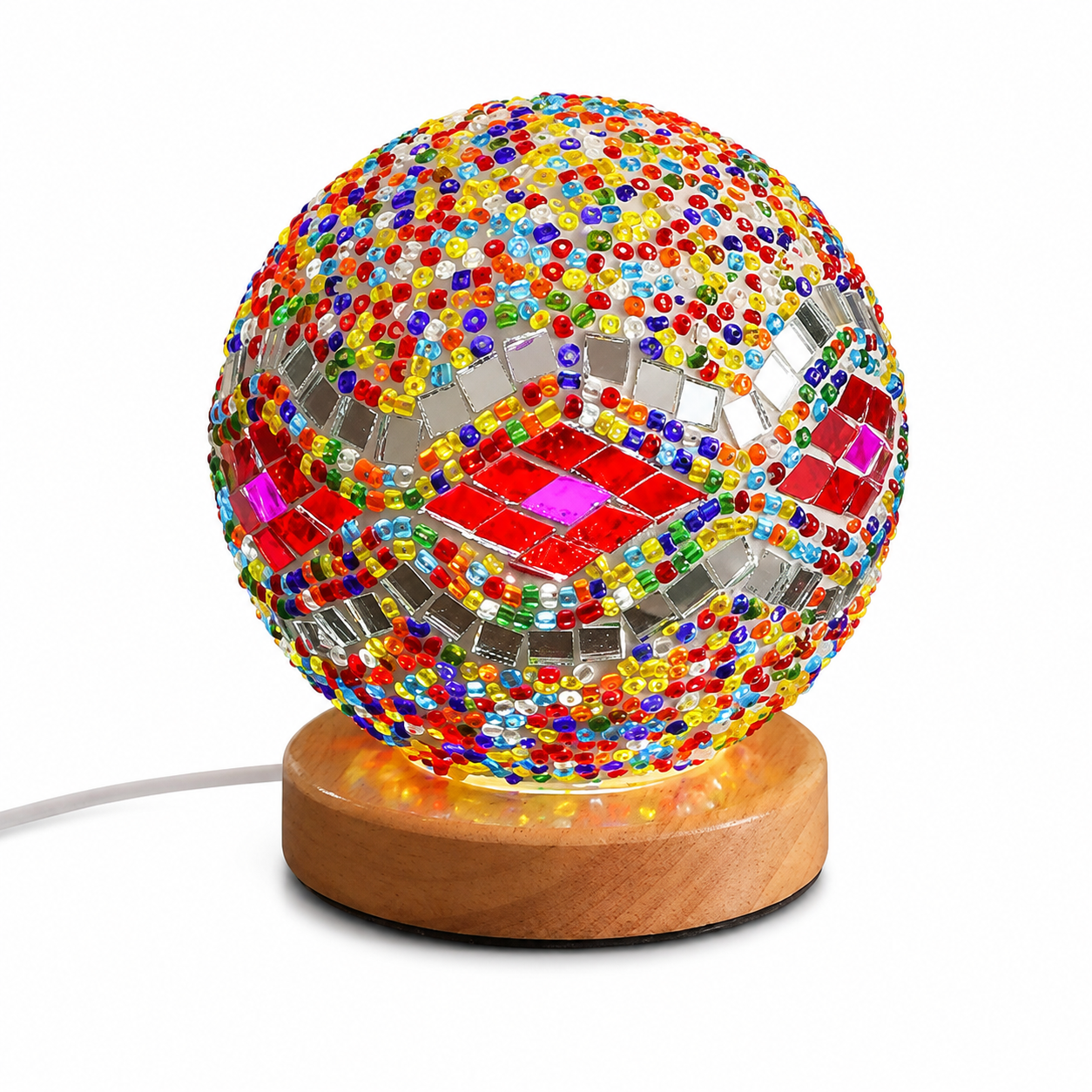 Bohemian Mosaic Table Lamp – Colorful Glass Globe LED Night Light with Wooden Base USB Powered