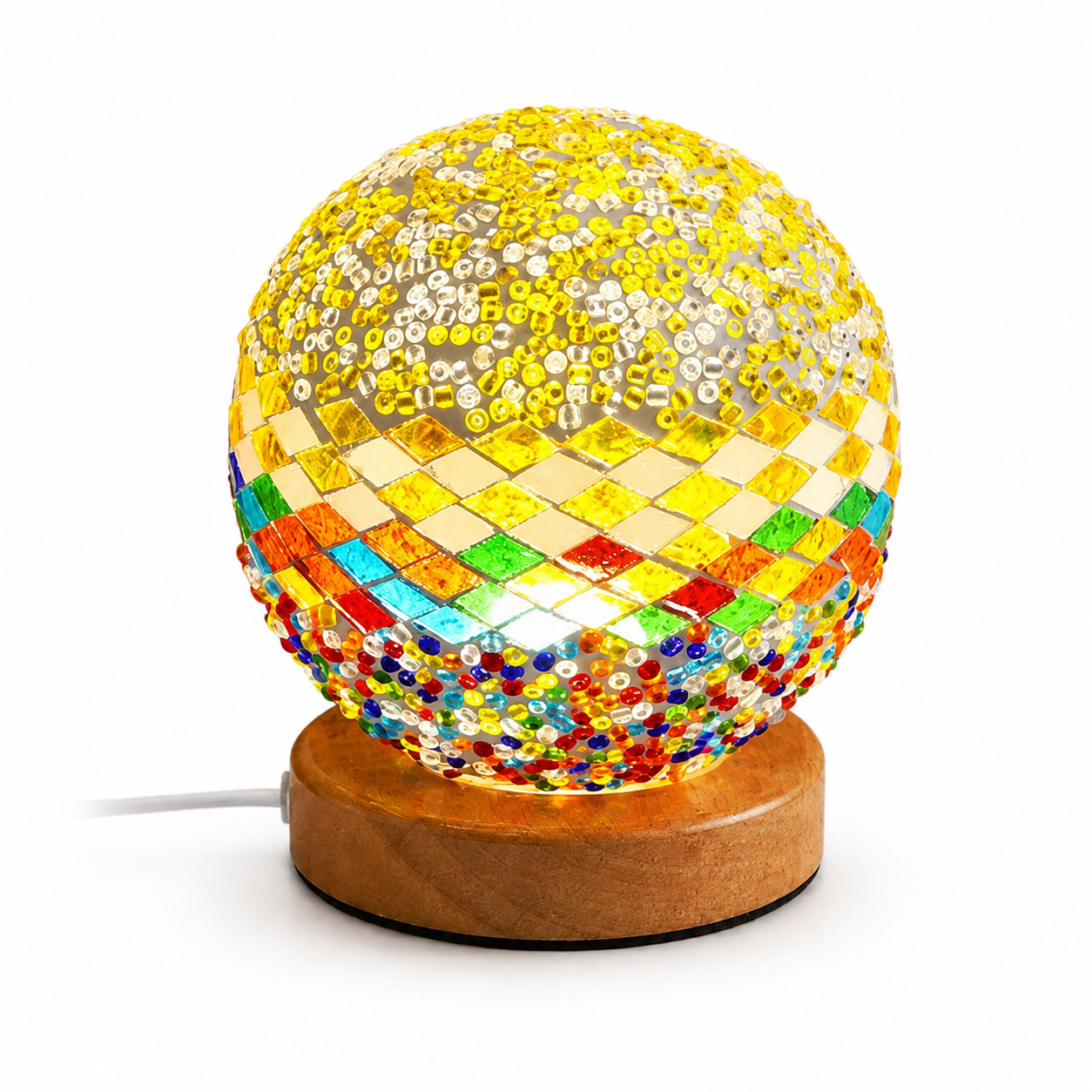 Bohemian Mosaic Table Lamp – Colorful Glass Globe LED Night Light with Wooden Base USB Powered