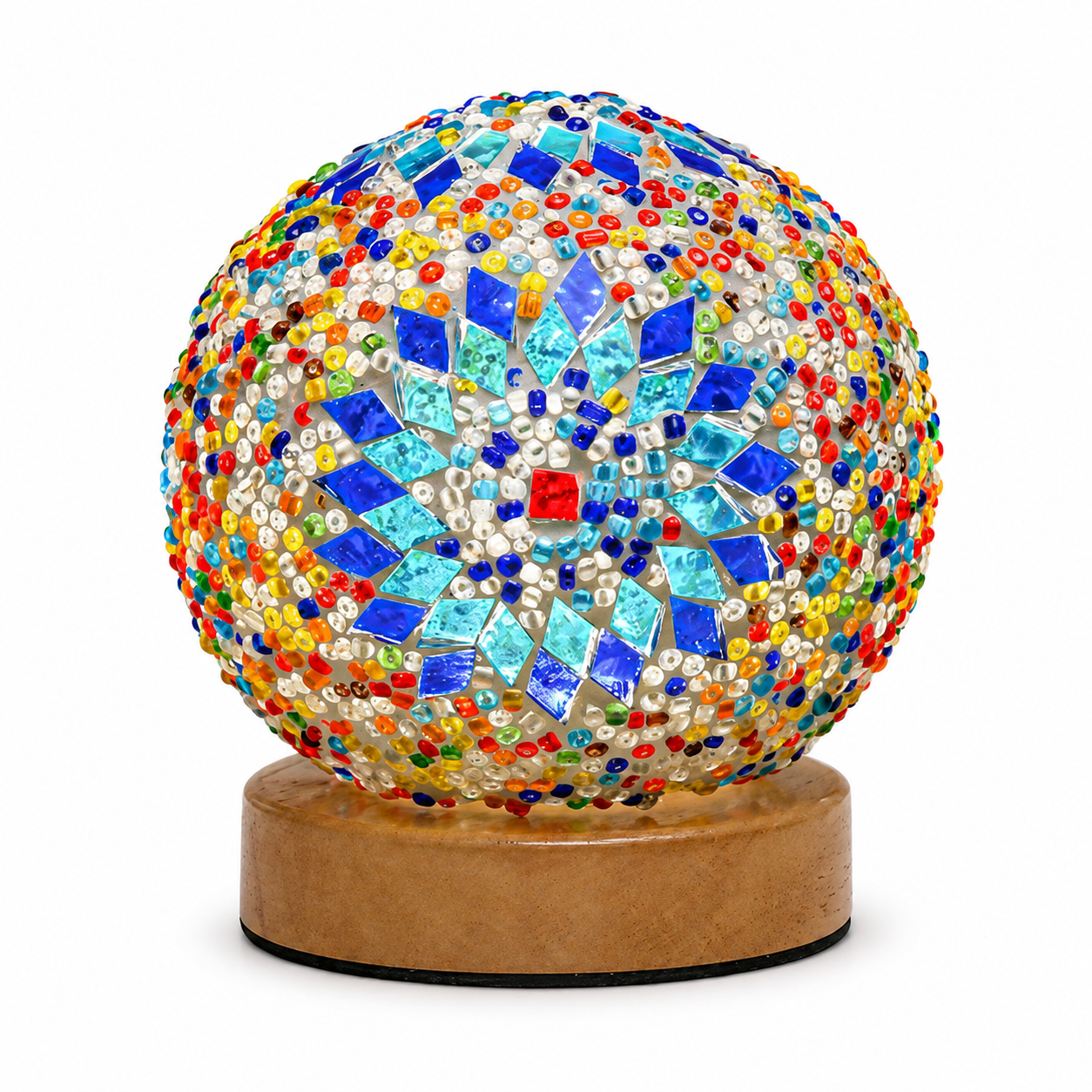 Bohemian Mosaic Table Lamp – Colorful Glass Globe LED Night Light with Wooden Base USB Powered