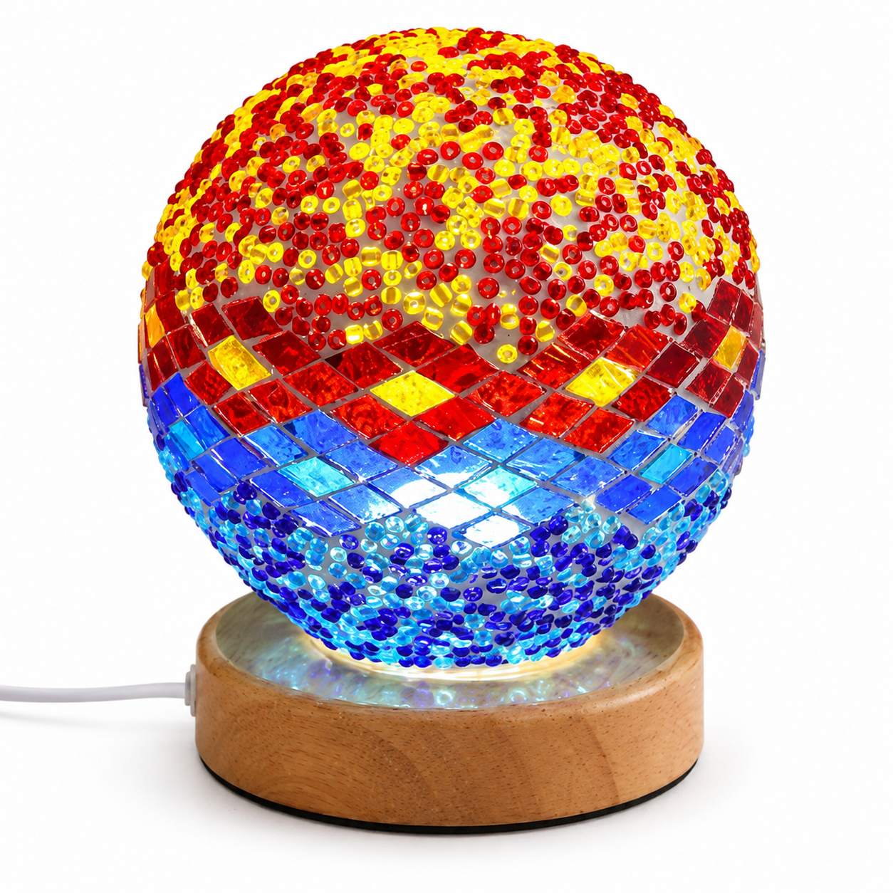 Bohemian Mosaic Table Lamp – Colorful Glass Globe LED Night Light with Wooden Base USB Powered
