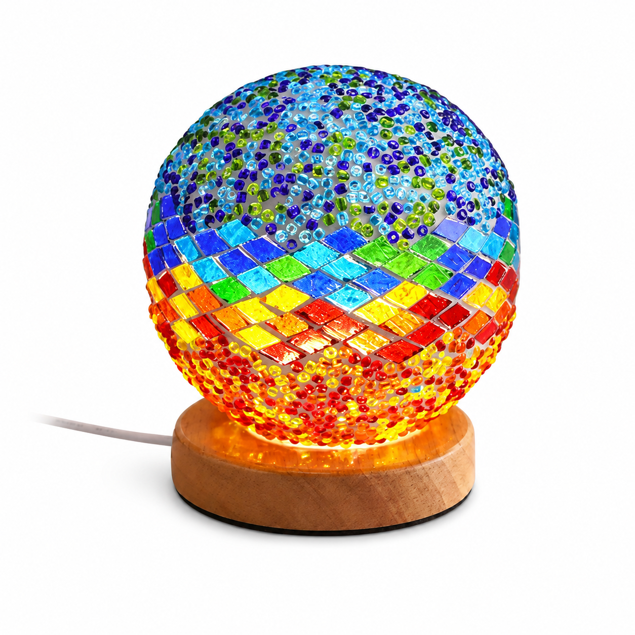 Bohemian Mosaic Table Lamp – Colorful Glass Globe LED Night Light with Wooden Base USB Powered
