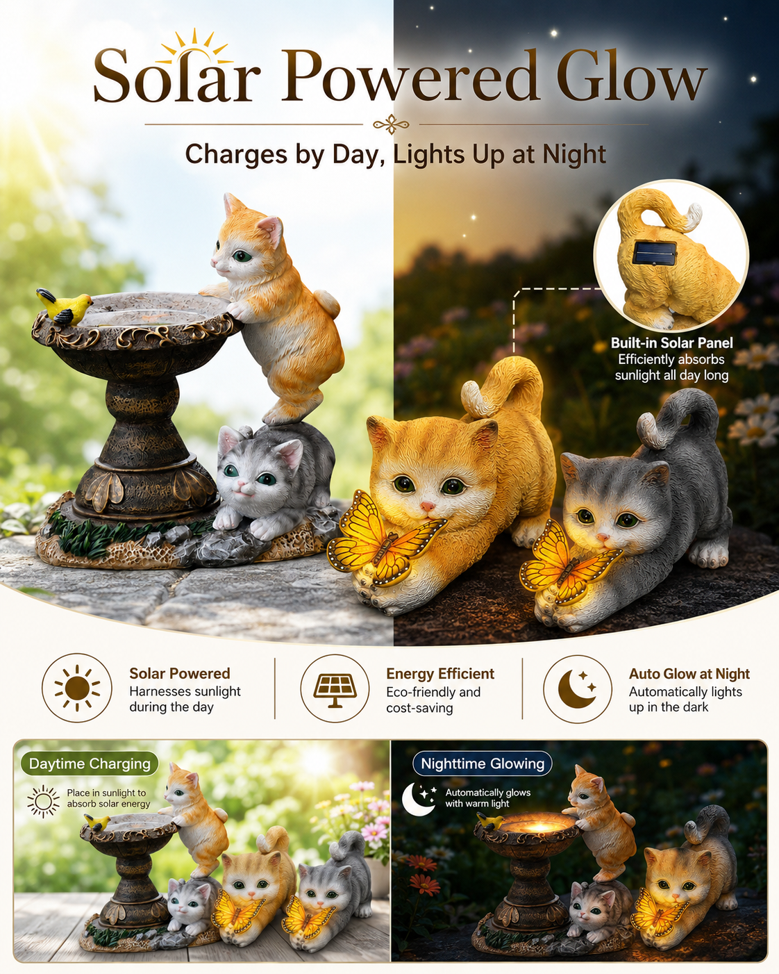 Playful Solar-Powered Cat Figurine Garden Statue with Butterfly