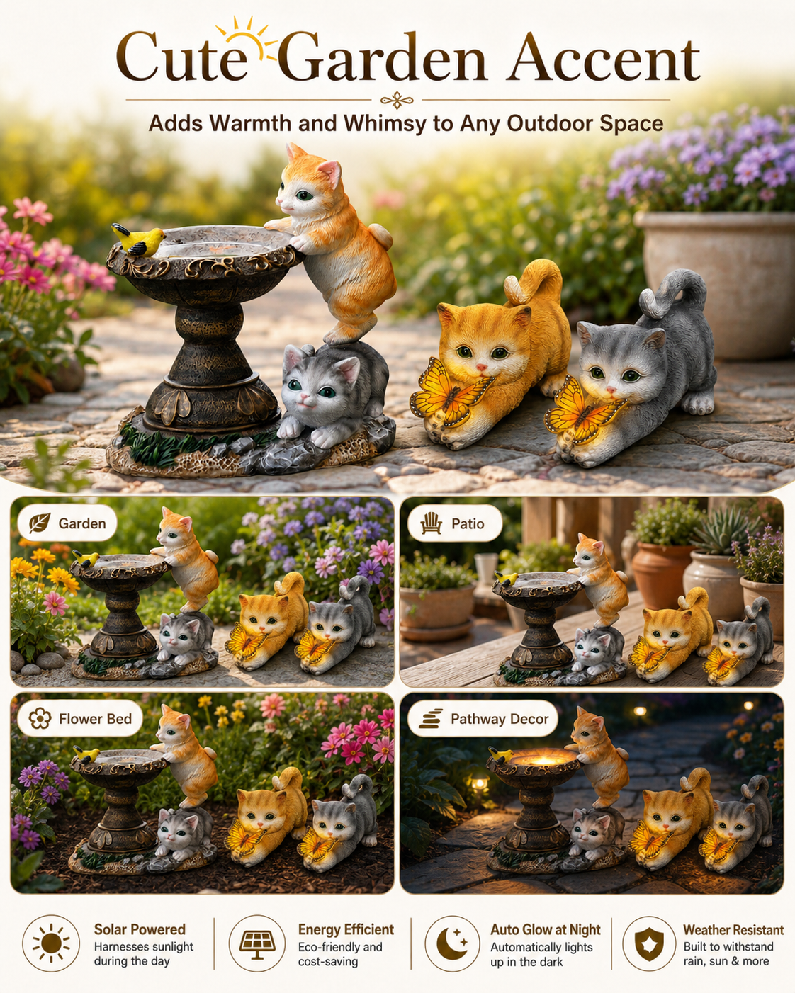 Playful Solar-Powered Cat Figurine Garden Statue with Butterfly