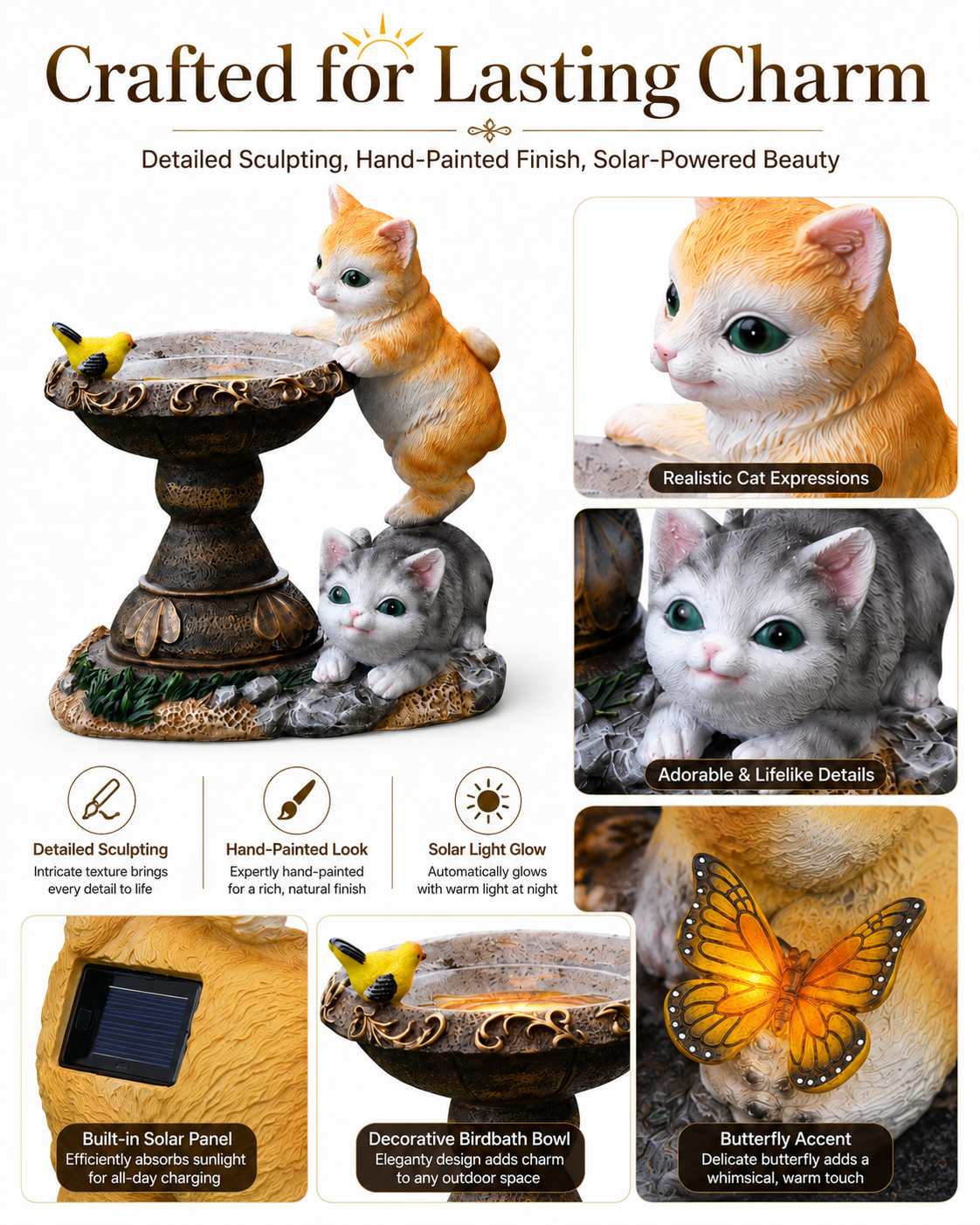 Playful Solar-Powered Cat Figurine Garden Statue with Butterfly