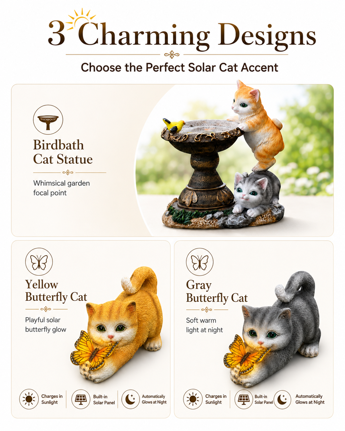 Playful Solar-Powered Cat Figurine Garden Statue with Butterfly