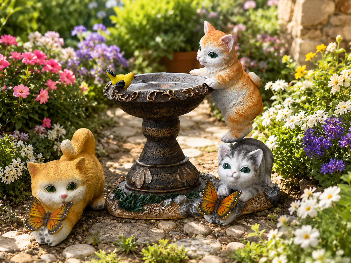 Playful Solar-Powered Cat Figurine Garden Statue with Butterfly