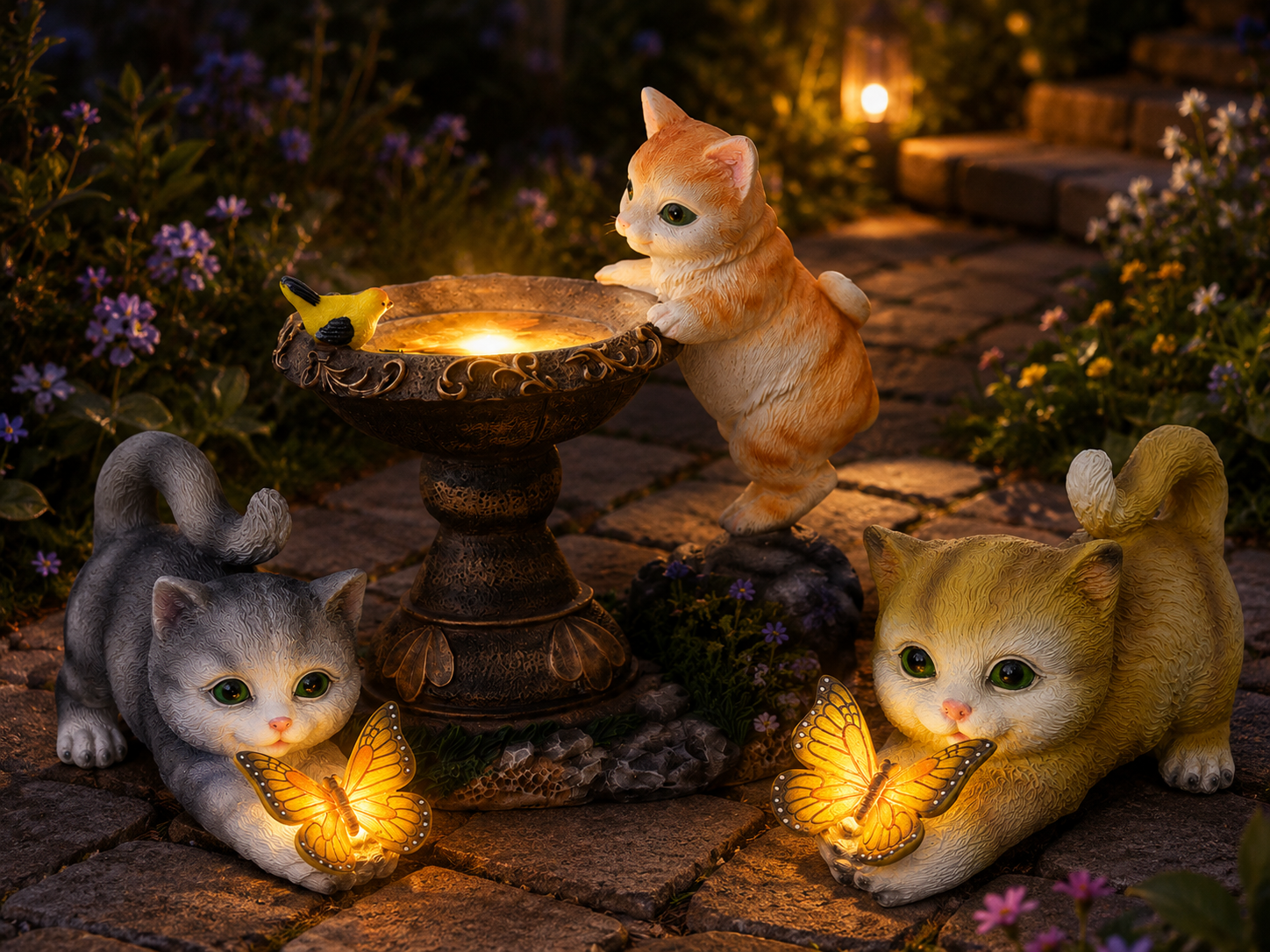 Playful Solar-Powered Cat Figurine Garden Statue with Butterfly