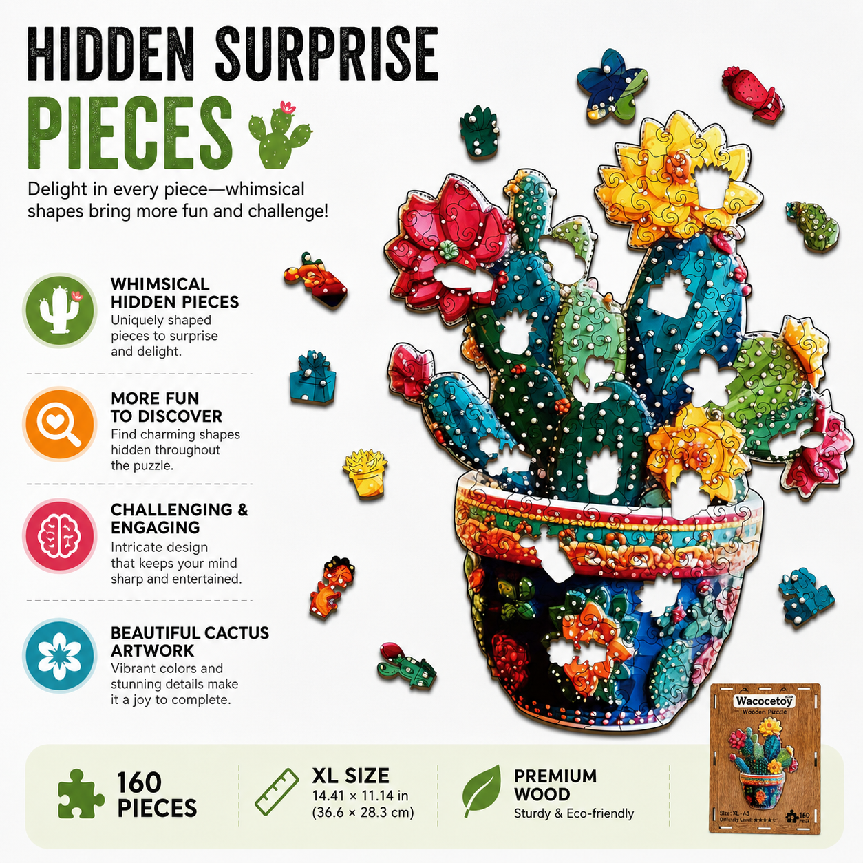 Wacocetoy XL Cactus Wooden Puzzle with Hidden Surprise Pieces and Saving Function