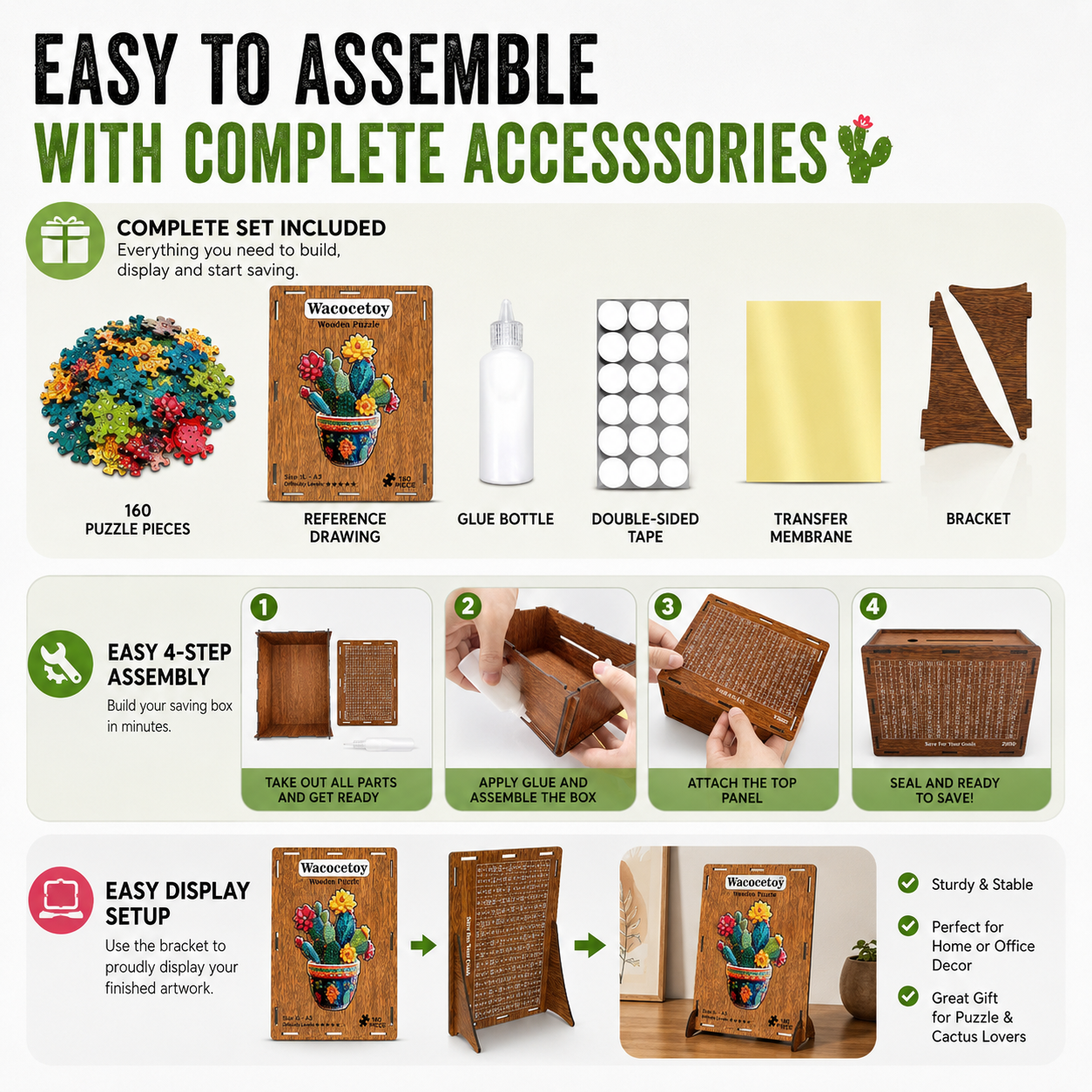 Wacocetoy XL Cactus Wooden Puzzle with Hidden Surprise Pieces and Saving Function