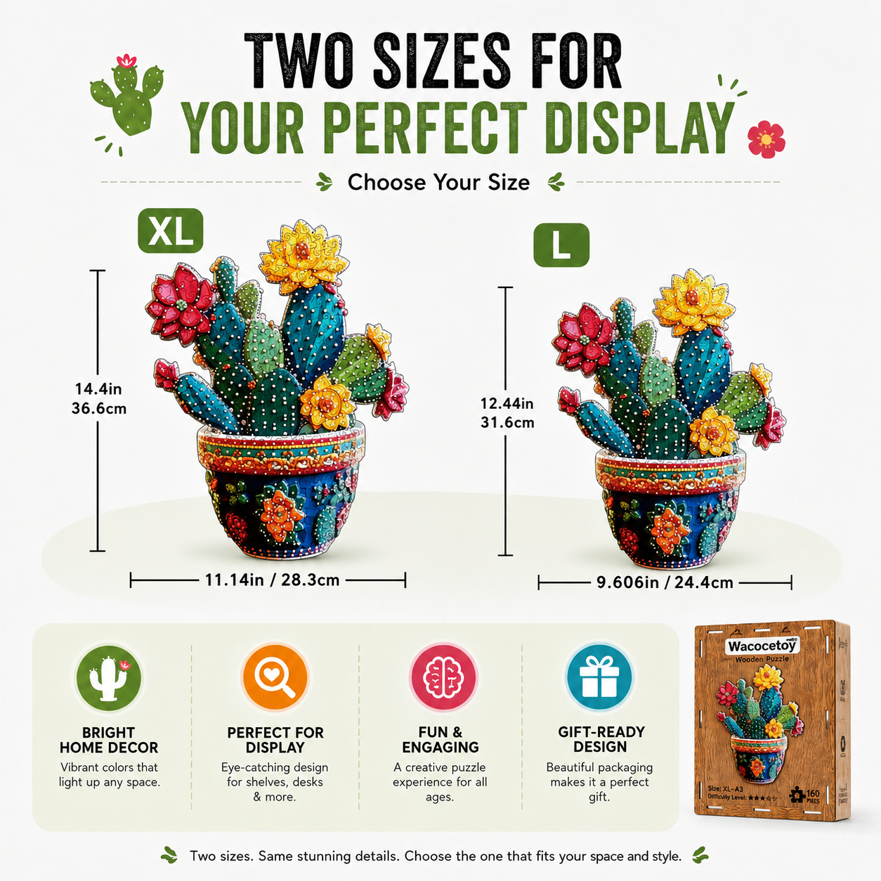 Wacocetoy XL Cactus Wooden Puzzle with Hidden Surprise Pieces and Saving Function