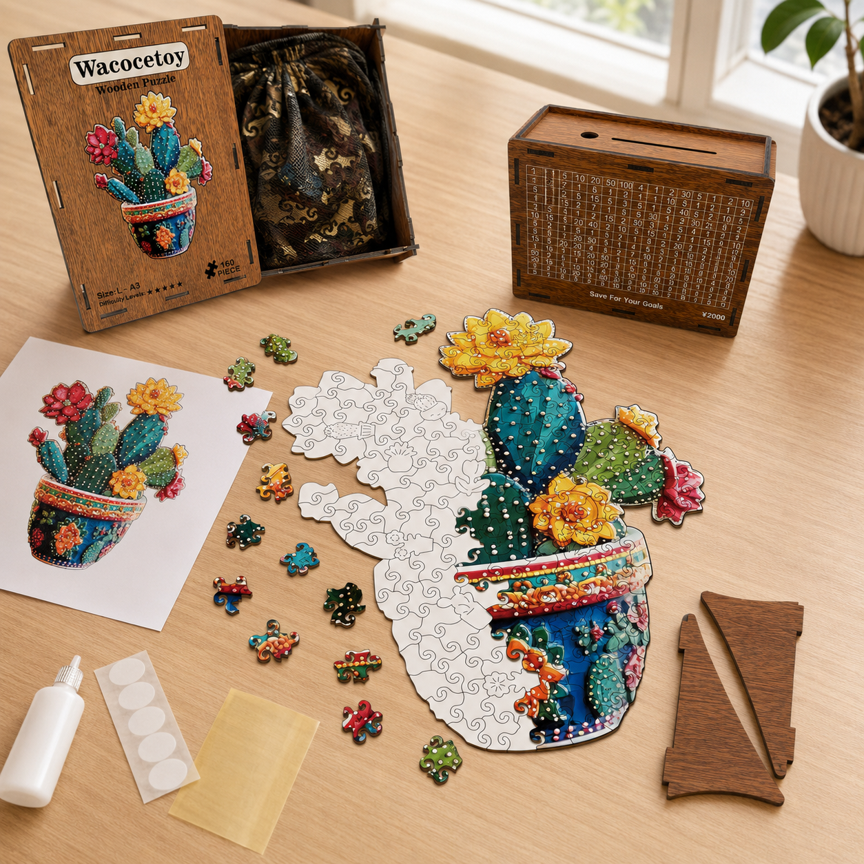 Wacocetoy XL Cactus Wooden Puzzle with Hidden Surprise Pieces and Saving Function