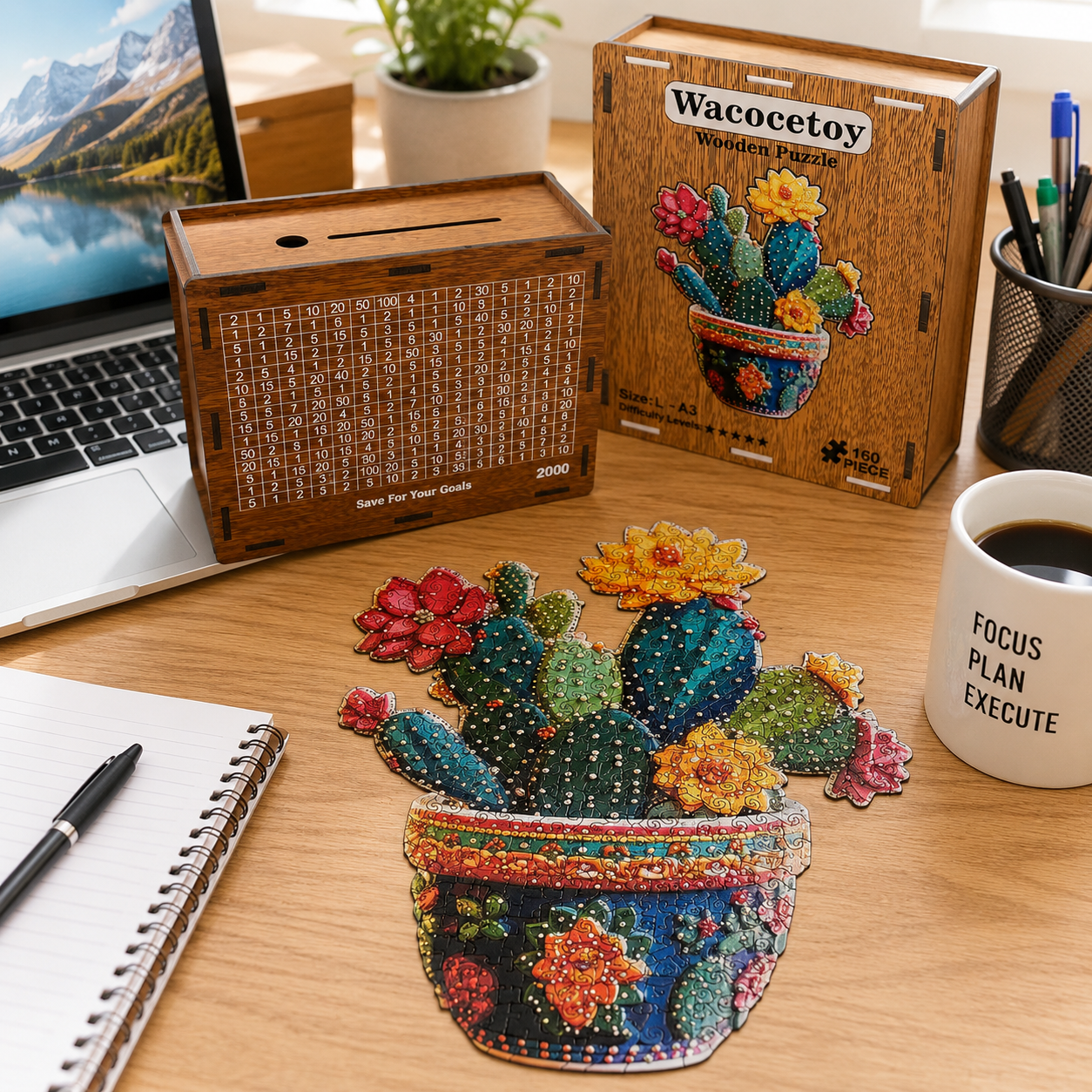 Wacocetoy XL Cactus Wooden Puzzle with Hidden Surprise Pieces and Saving Function