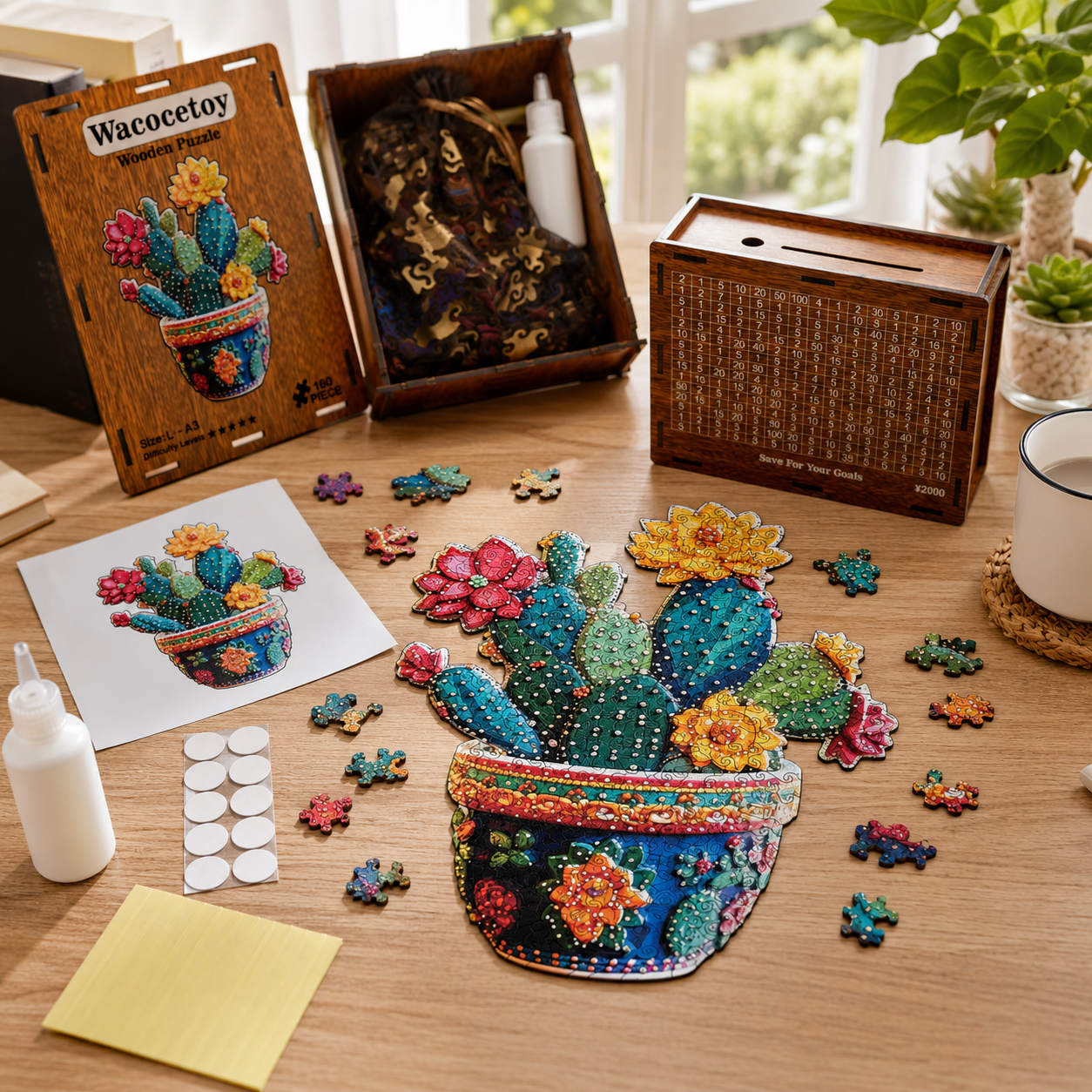 Wacocetoy XL Cactus Wooden Puzzle with Hidden Surprise Pieces and Saving Function